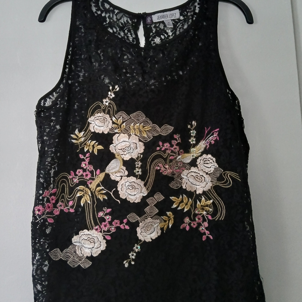 Jennifer Lopez Black Lace Top with Floral Embroidery Size M